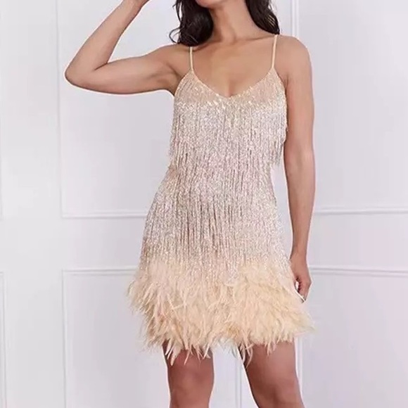 Golden Ballerina Sexy Fringe Feather Mini Dress With Beaded Tassles - Picture 1 of 13